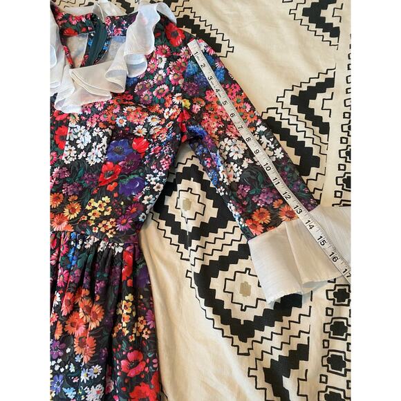 Vintage 70s Handmade Floral Long Ruffled 3/4 sleeve Dress w/ bustle - Picture 10 of 12